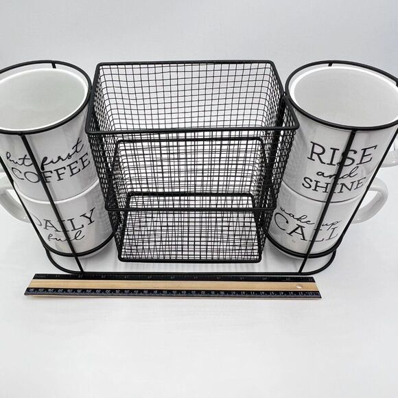 Boston Warehouse Coffee Mug & Black Wire Pod Holder 5 Piece Set 4 Stacking Mugs - Picture 14 of 16